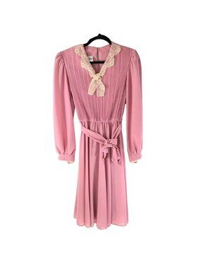 Boston Maid A Line Dress Pink Vintage 70s V Neck Pleated Lace Ruffle Belted 8